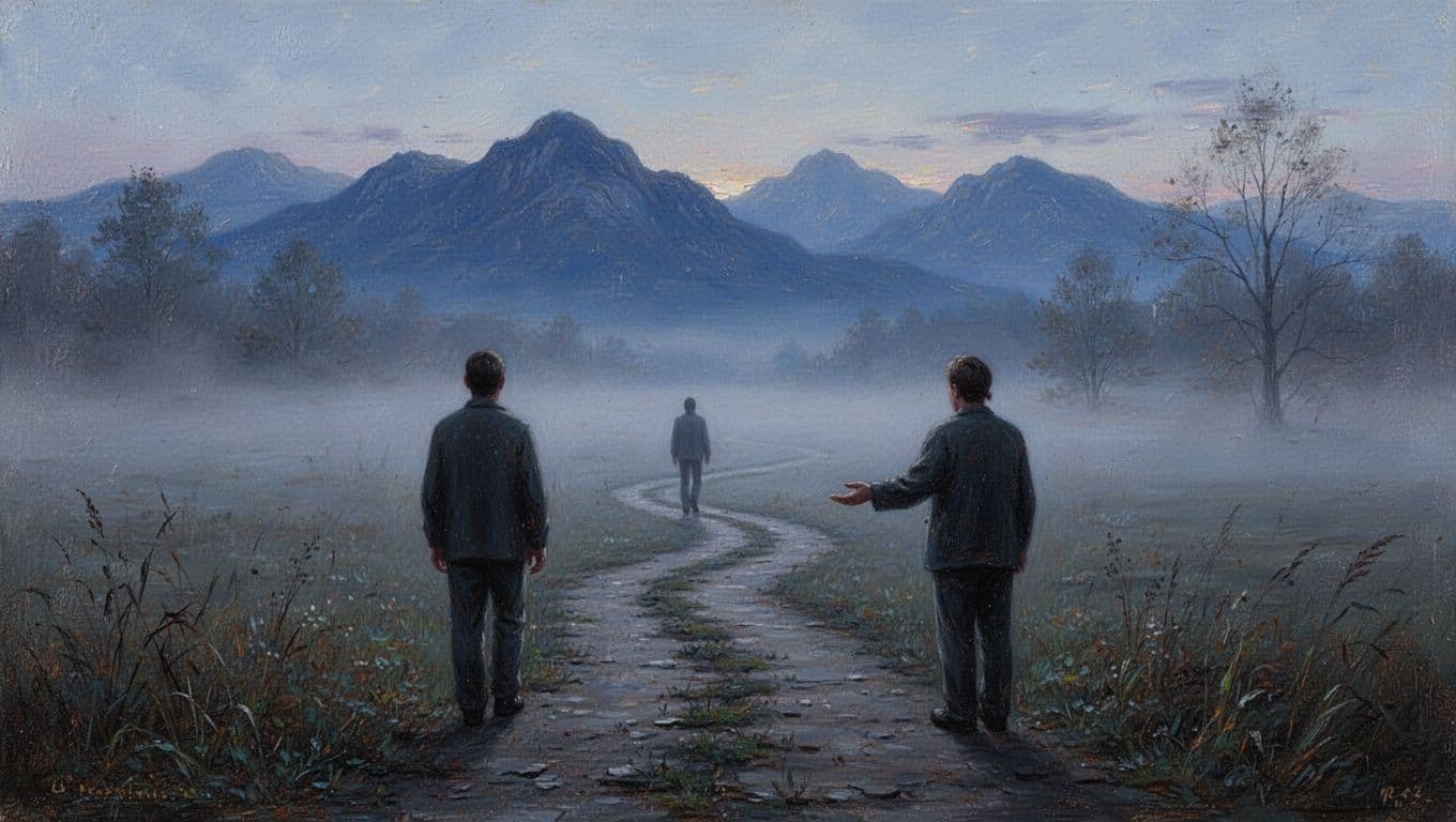 One person walks away down a misty path toward distant mountains at dusk, while another stands at the path's start reaching out with an open hand, capturing emotional distance and longing in a foggy landscape with cool blue tones in realistic oil painting style.