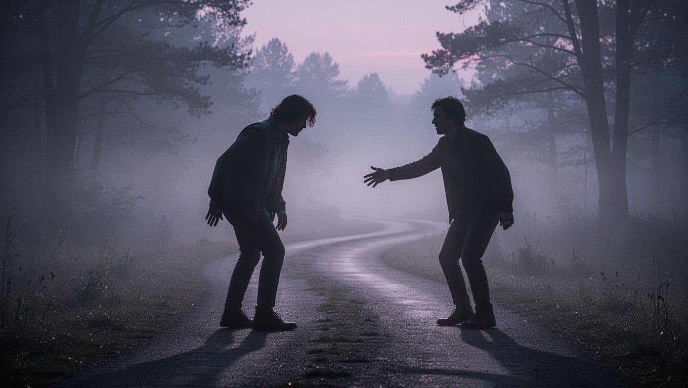 Two silhouettes traverse a winding foggy path at twilight; the leading figure hunches forward while glancing back, as the trailing one reaches out, evoking emotional tension in soft purple-blue light.