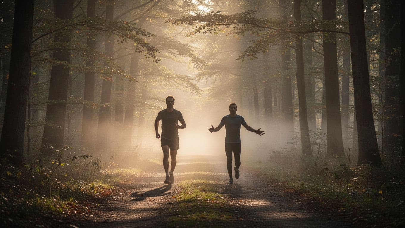 Two faint silhouettes on a misty forest path at dawn, one walking ahead calmly and the other standing with arms outstretched, symbolizing the runner-chaser dynamic.