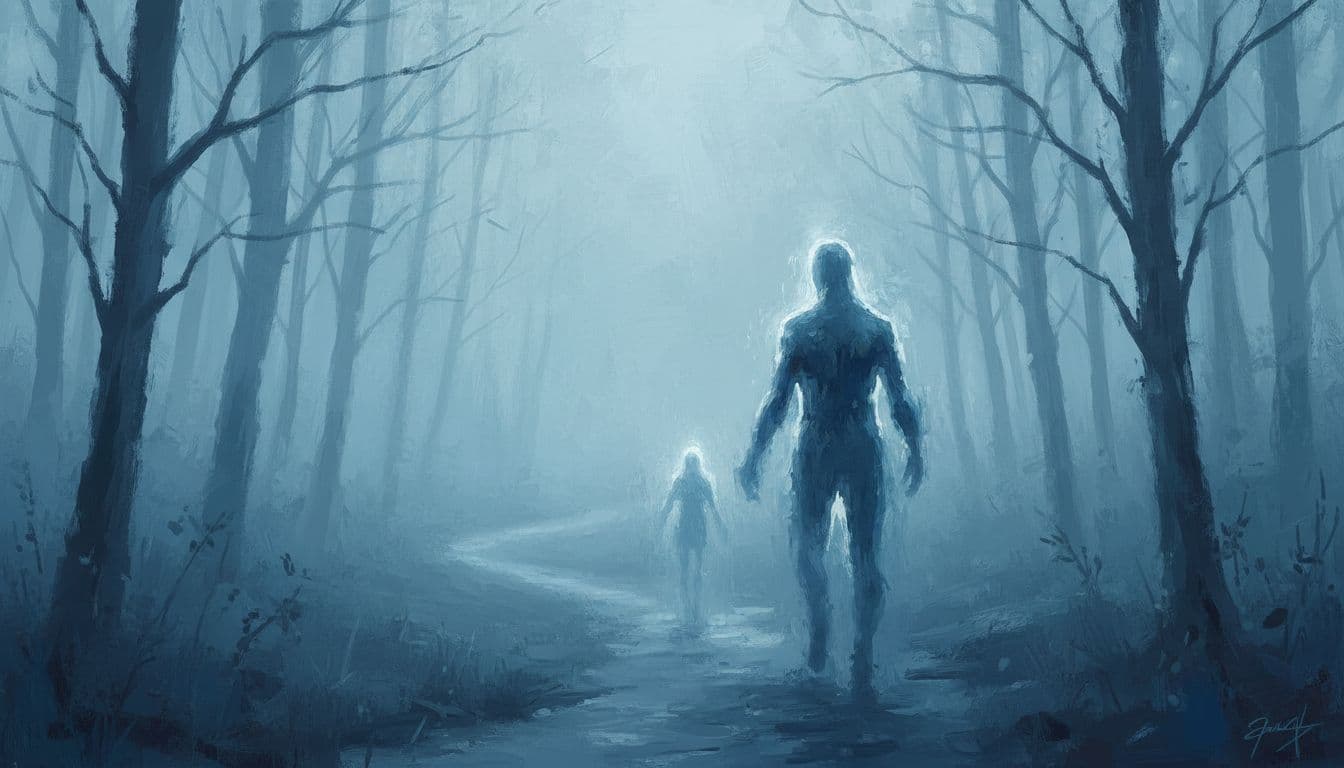 Two ethereal silhouettes traverse a winding foggy path through a misty forest at dusk, one ahead distancing itself while the other follows closely, symbolizing the push-pull dynamic in cool blue painterly tones.
