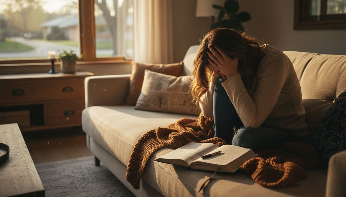 A young woman sits alone on a cozy couch in a softly lit living room, head in hands, looking thoughtful and sad with a journal open nearby, bathed in warm evening light.