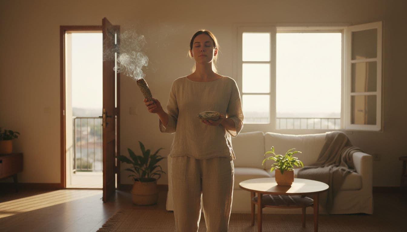 A single person stands in a cozy living room with open windows letting in natural light, holding a lit sage bundle over a heat-safe shell as gentle smoke wafts towards corners and doorways.