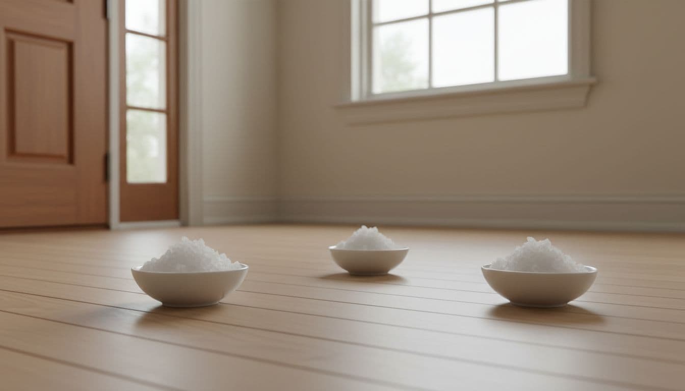 Close-up of three small white bowls filled with coarse rock salt placed in room corners on wooden floors near a front door and window, with soft natural light illuminating sparkling salt crystals in a simple home interior.