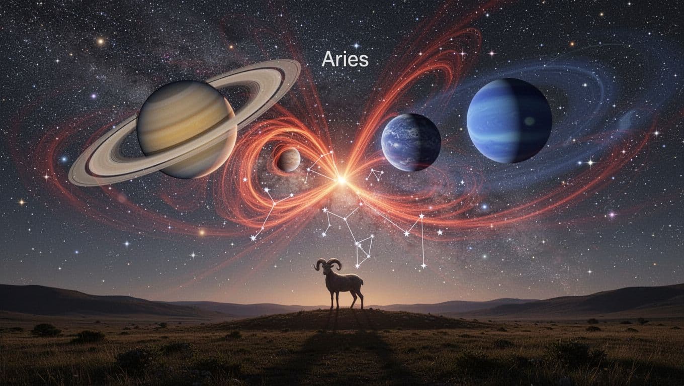 Saturn and Neptune align near Aries constellation in starry sky, distant fiery ram silhouette, red-orange energy waves.