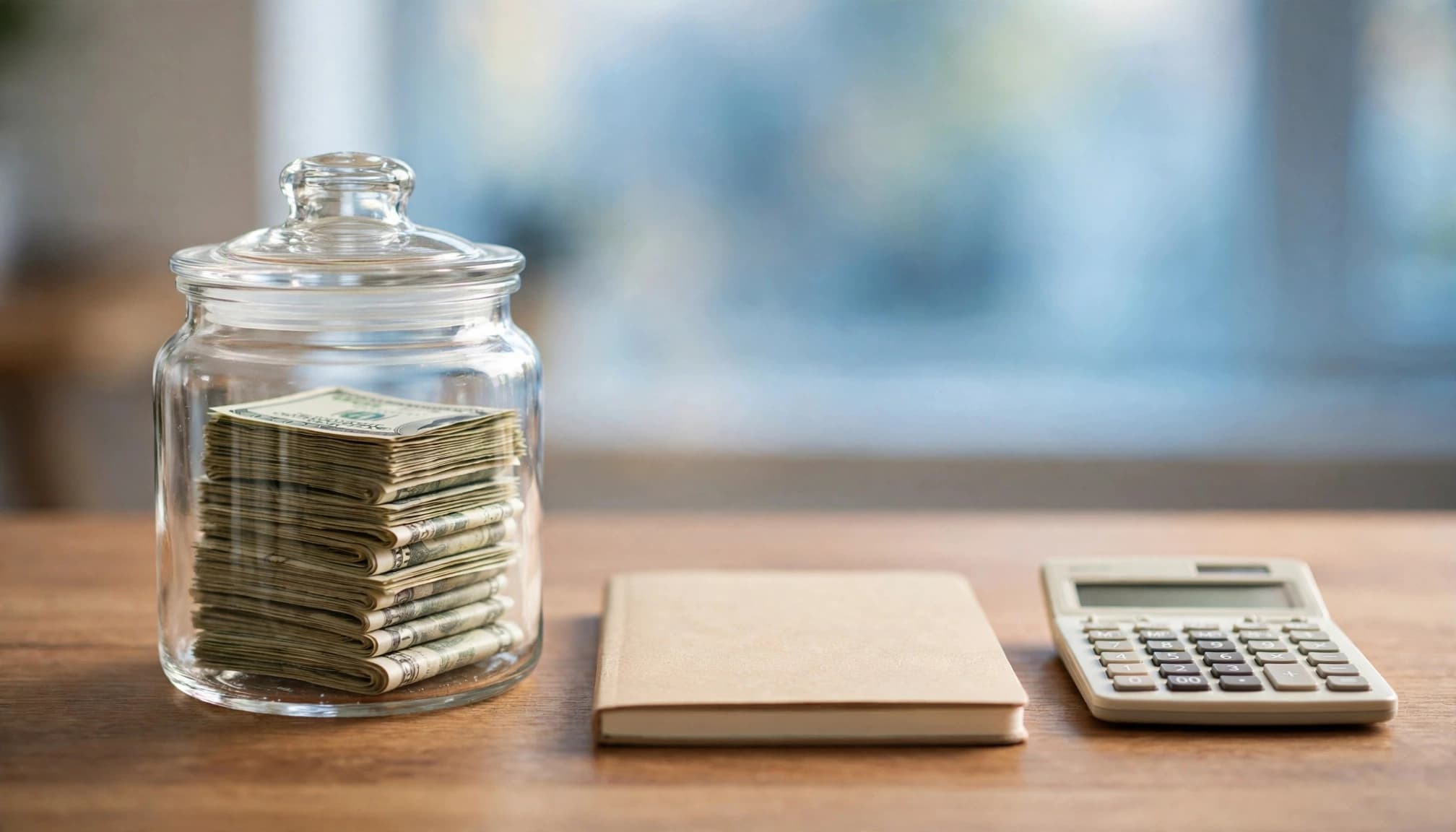 A glass savings jar, budget notebook, and calculator sit on a bright home office table.