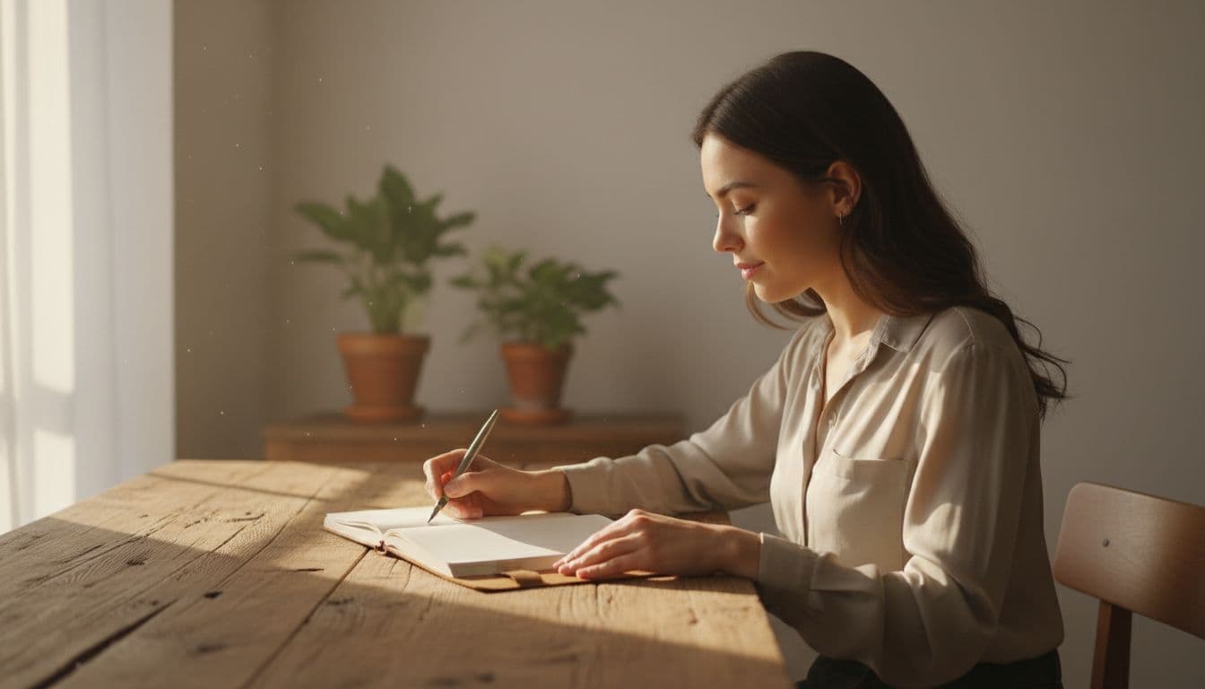 A person sits calmly at a wooden desk with an open journal and pen, writing in a sunlit room with soft morning light, capturing a focused yet relaxed side-angle view.