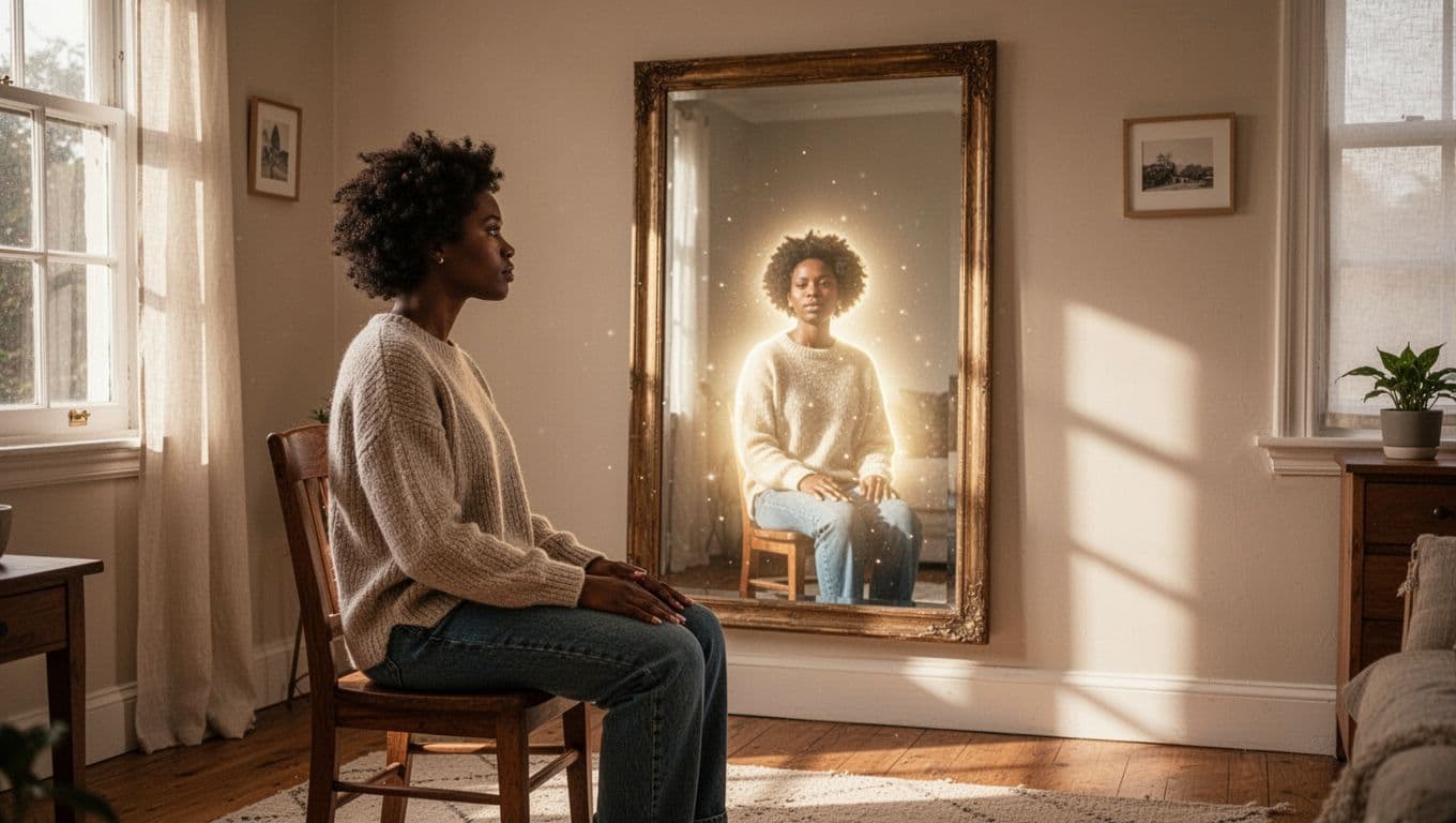 A diverse person sits relaxed in a cozy sunlit room facing a large mirror, with their reflection surrounded by glowing light symbolizing inner strength and hidden spiritual gifts.
