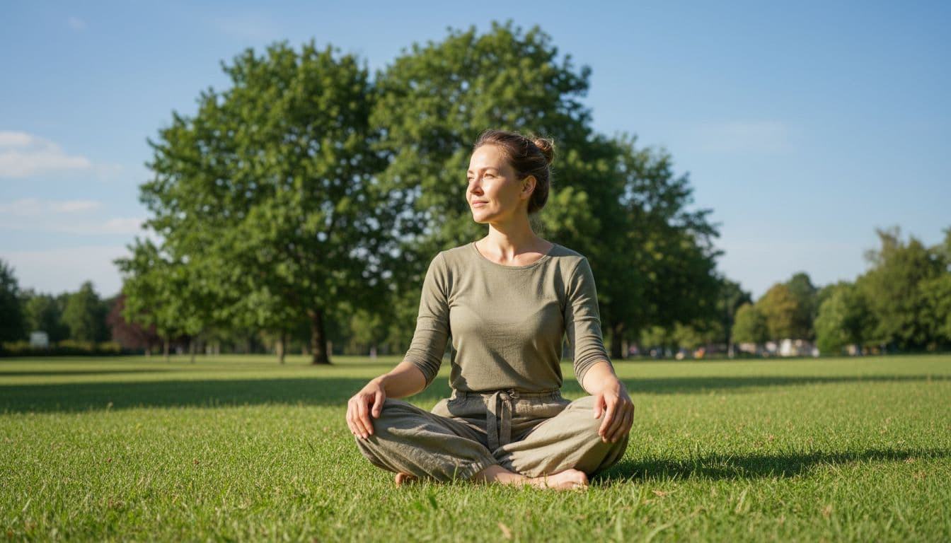One adult person sitting cross-legged on grass in a sunny park, eyes open scanning surroundings, hands relaxed on knees, calm neutral expression, green trees and blue sky background, natural daylight.