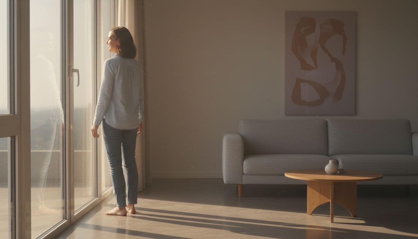 A calm adult stands by a large window in a quiet sunlit living room, gazing outward with a soft peaceful expression amid warm morning light.