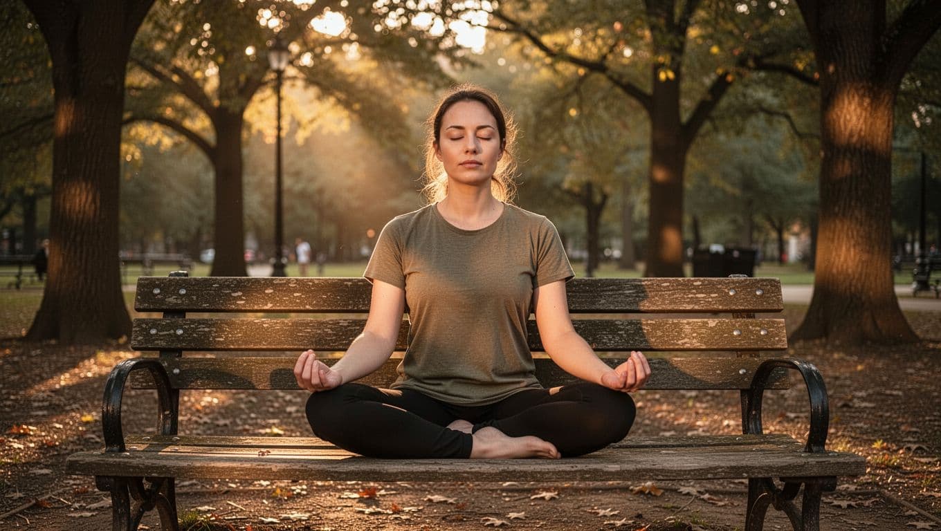 Person sits cross-legged on park bench at dusk, eyes closed, palms up on knees in soft golden sunlight.