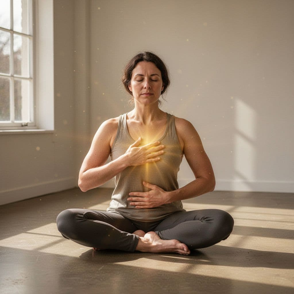 A person sits cross-legged in a quiet sunlit room, hands relaxed on chest and lower abdomen, with soft golden glows emanating from heart and solar plexus, symbolizing gentle warm energy.