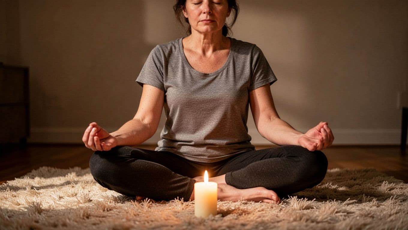 An adult sits cross-legged on a soft rug in a dimly lit room with eyes closed in meditation, hands relaxed on knees, candlelight casting a gentle glow on a serene face and steady breath.