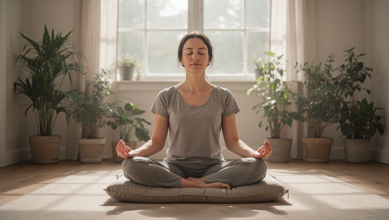 A serene person sits cross-legged on a cushioned floor in a sunlit quiet room with plants nearby, eyes closed in peaceful prayer or meditation.