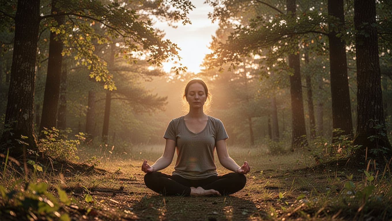 A single person sits calmly in a quiet forest clearing at dawn with eyes closed in meditation, soft golden light filtering through trees, conveying deep inner peace.