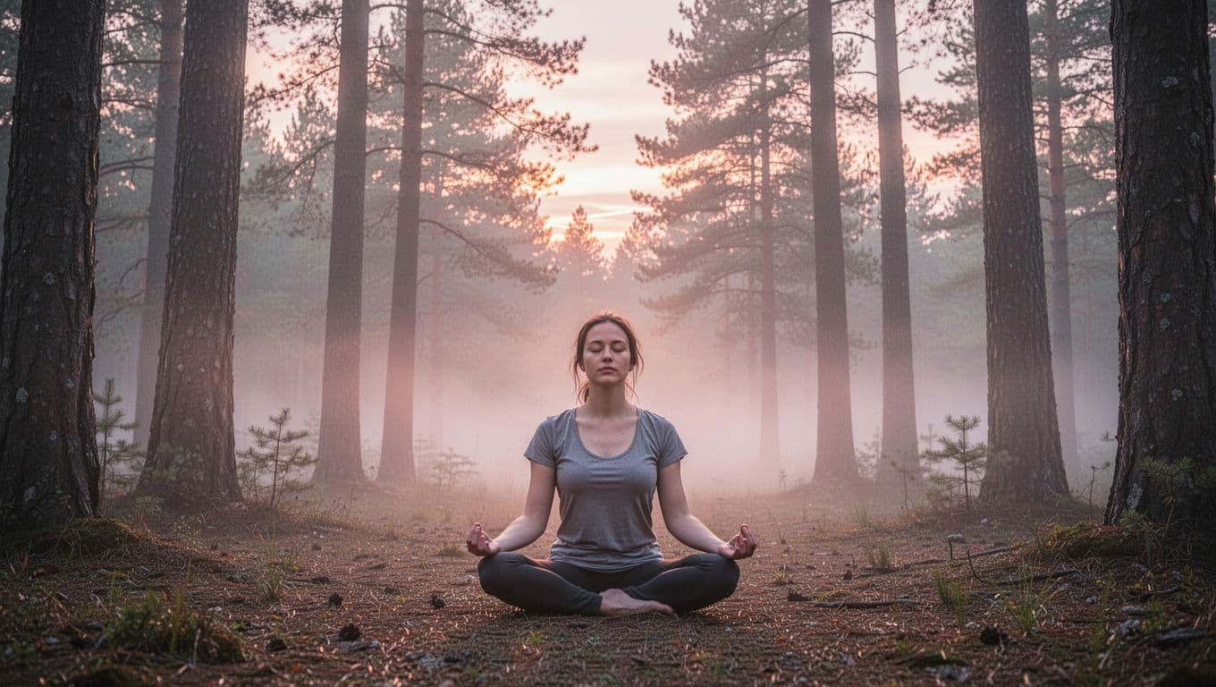 One person sits cross-legged in peaceful meditation within a misty forest clearing at dawn, eyes closed with a serene expression, surrounded by tall trees and soft light.