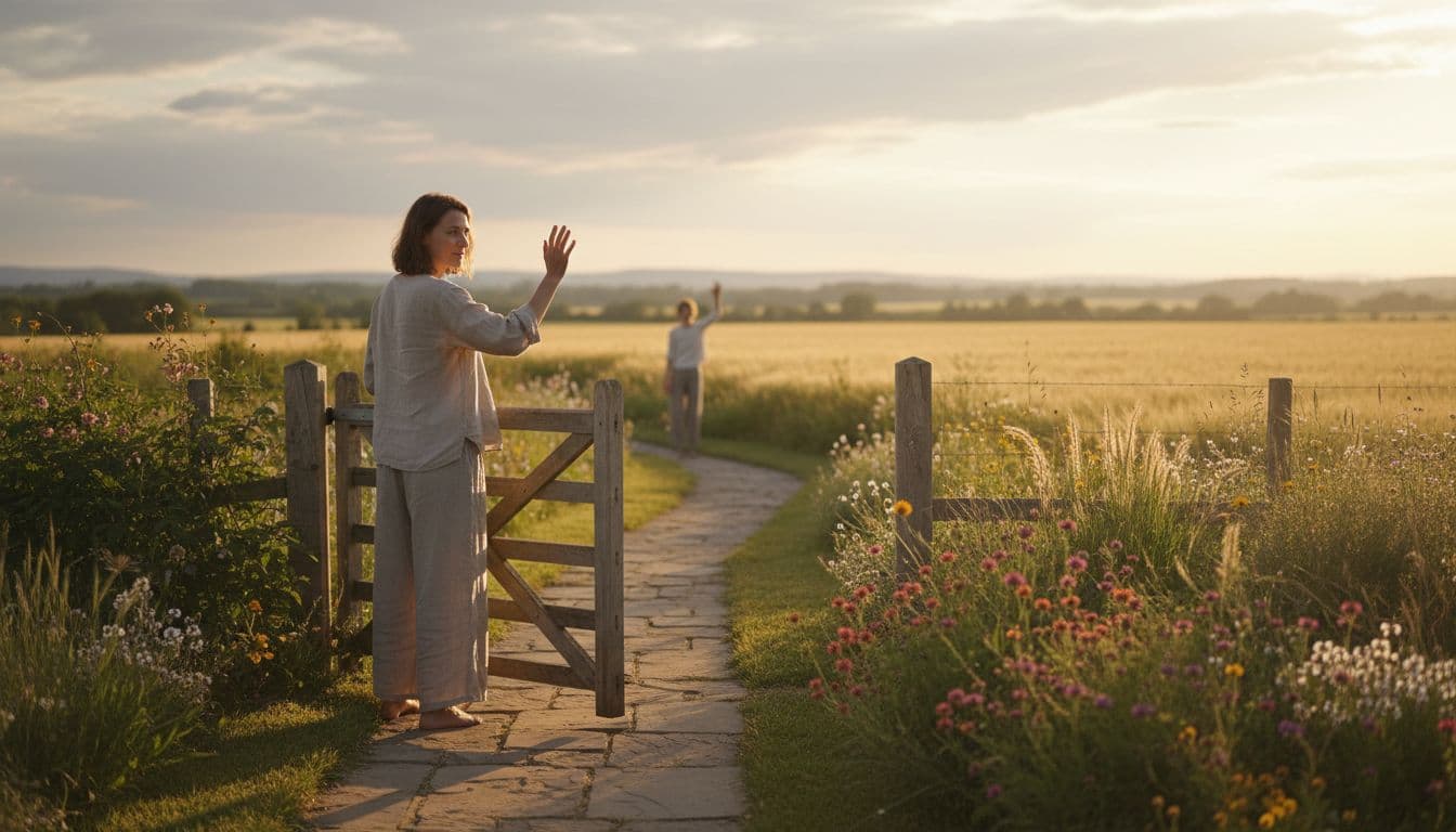 A person gently closes a garden gate while waving goodbye to a figure in the background, stepping onto a peaceful path to open fields in warm golden hour light, symbolizing serene boundaries.