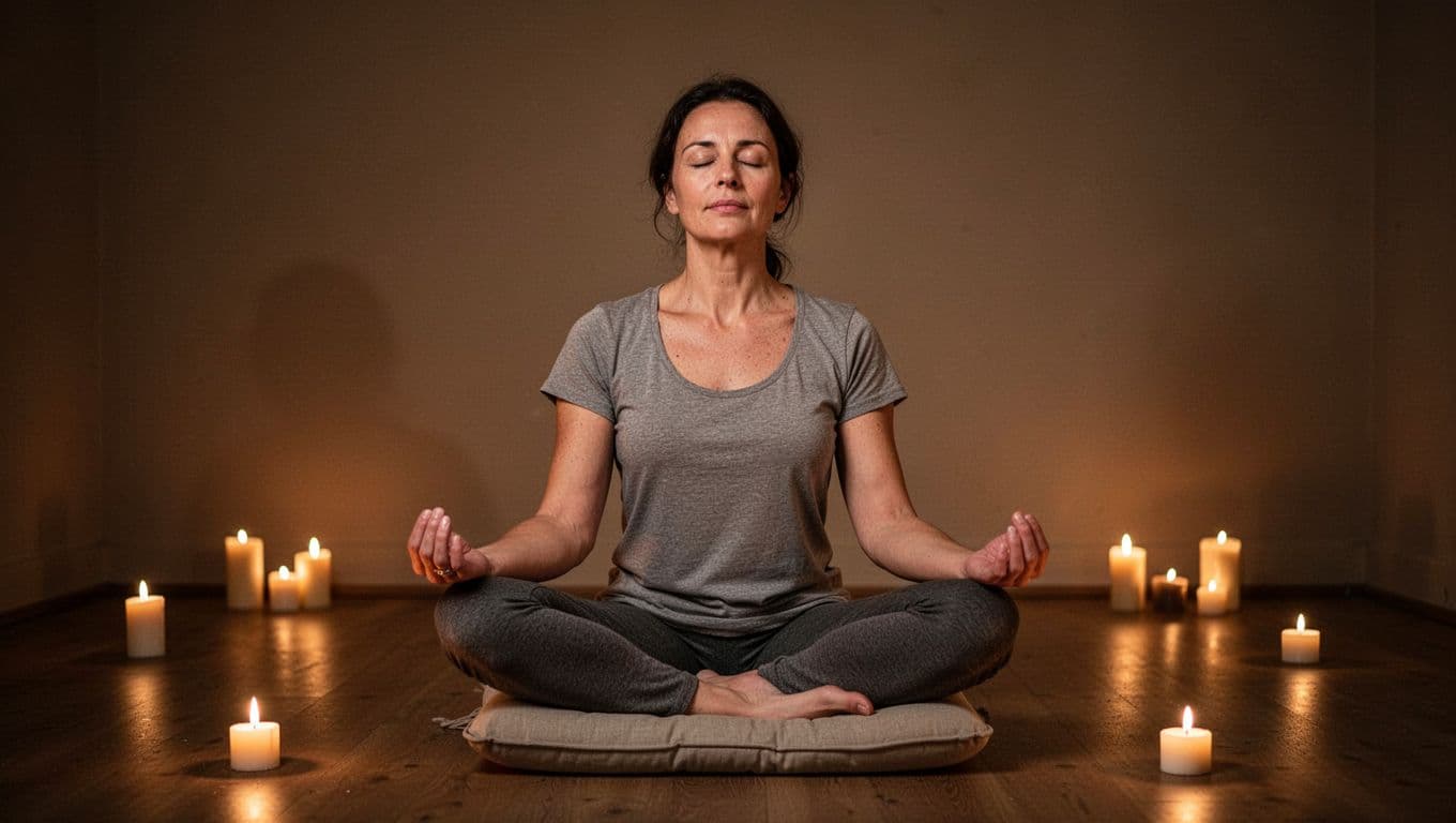 Person sits relaxed on cushion in candlelit room, eyes closed, palms up on knees.