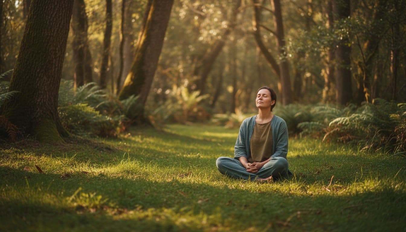 One adult in their 30s sits cross-legged on grass in a quiet forest clearing, eyes closed in deep introspection with a serene, empathetic expression under soft natural light.