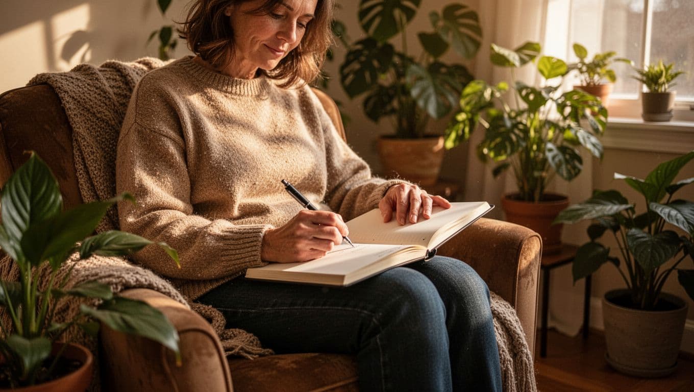 A serene adult sits journaling in a cozy room filled with plants, bathed in soft morning light through the window, notebook open on lap with relaxed expression.