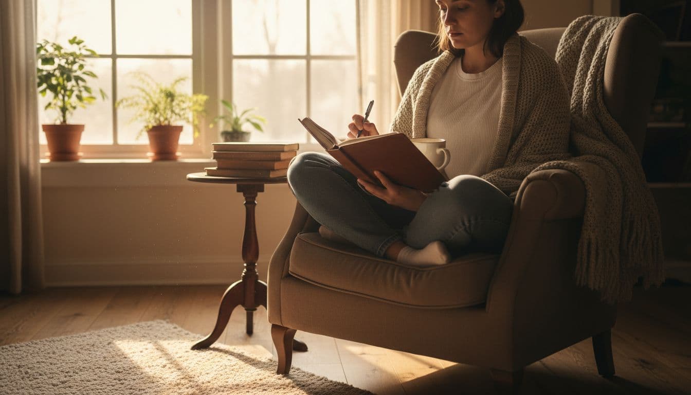 A person sits calmly by a window in a cozy room, journaling with a cup of tea nearby as soft morning light filters in, capturing a moment of inner peace and self-care.