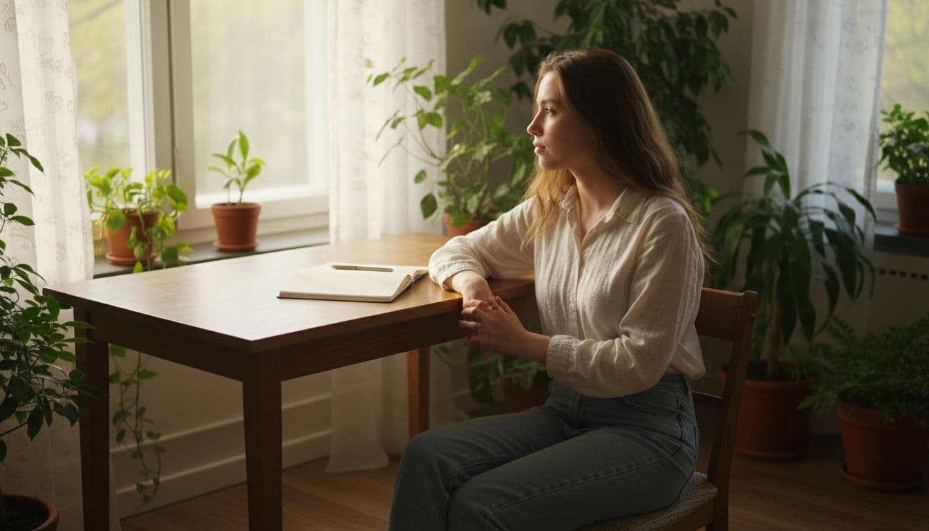 A calm person sits relaxed at a wooden desk by a sunlit window in a cozy room with green plants, open journal and pen in front, gazing thoughtfully in warm morning light.