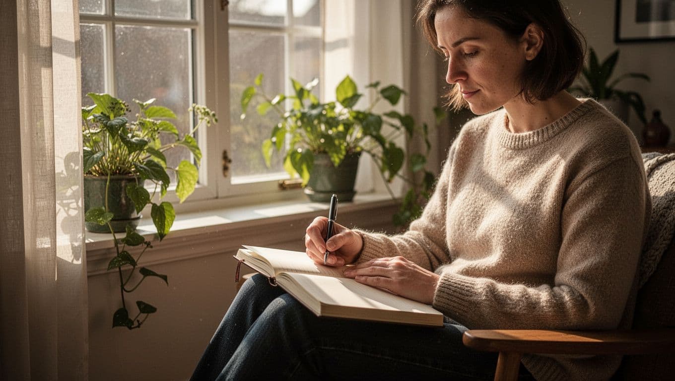 A serene person sits by a sunlit window in a peaceful home, open journal on lap with pen nearby, calm focused expression as they write. Natural morning light fills the room with plants in the background, in realistic style with soft warm tones.