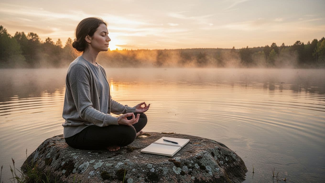 A person sits calmly on a rock by a serene lake at dawn, notebook in lap, pen resting beside, eyes closed in meditation; golden sunrise light filters through mist in a peaceful natural setting.