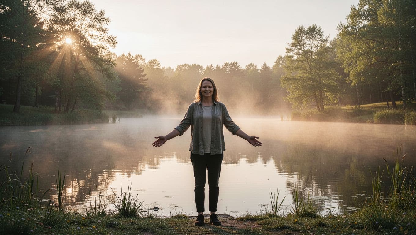 A single person stands calmly by a serene lake at dawn, arms open in peaceful acceptance with a soft smile, mist rising from the water and sunlight filtering through trees.