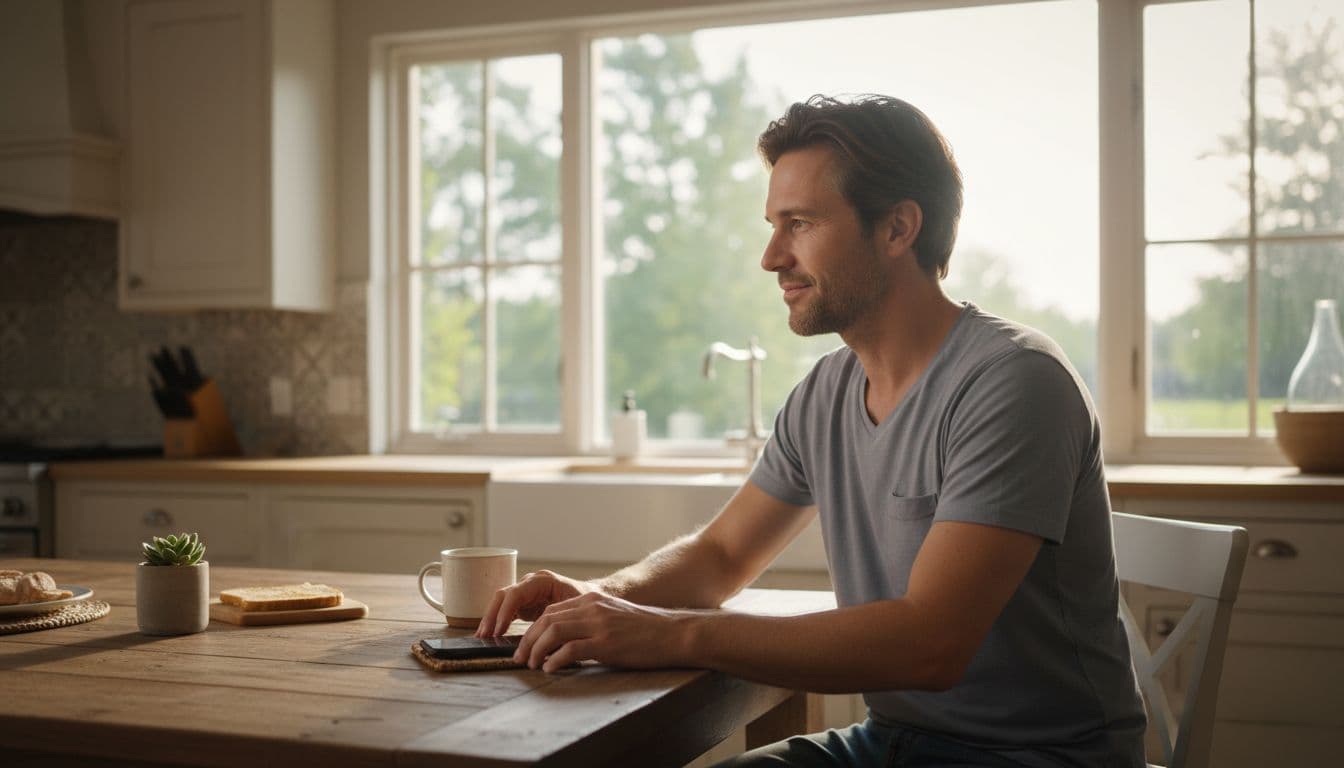 A man in casual clothes at a kitchen table calmly places his phone screen down, looking relaxed out the window with a serene expression in morning natural light. The cozy home kitchen setting depicts a peaceful act of setting a digital boundary.