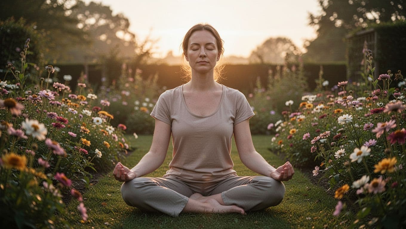 A calm person sitting cross-legged in a peaceful garden at dawn, eyes closed in meditation with a soft inner glow, surrounded by blooming flowers symbolizing growth and tranquility.