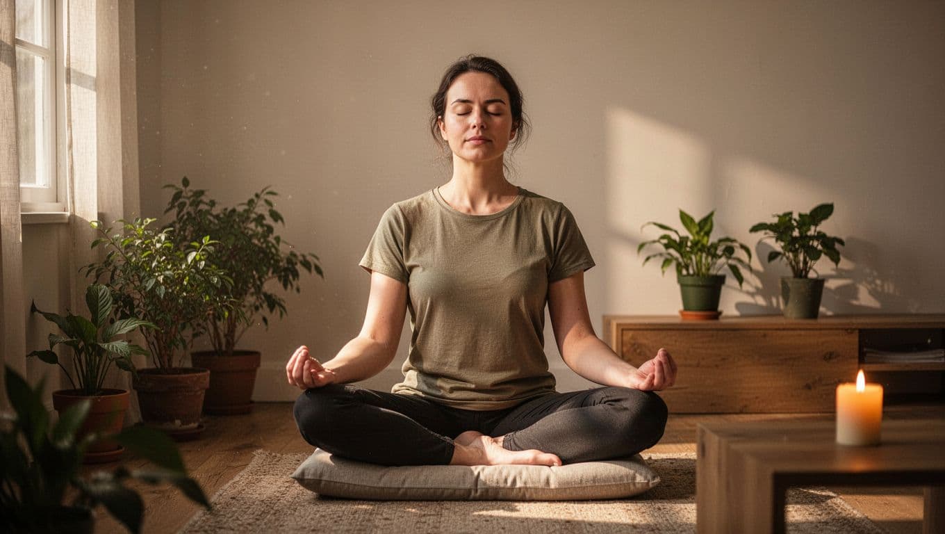Person sits eyes closed in meditation in quiet room with soft window light, plants, and candle.