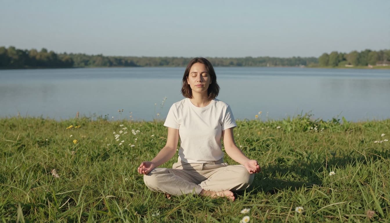 A serene person with neutral gender appearance meditates cross-legged on a sunlit grassy hill overlooking a calm lake, surrounded by wildflowers in a gentle breeze, embodying inner calm for twin flame surrender.