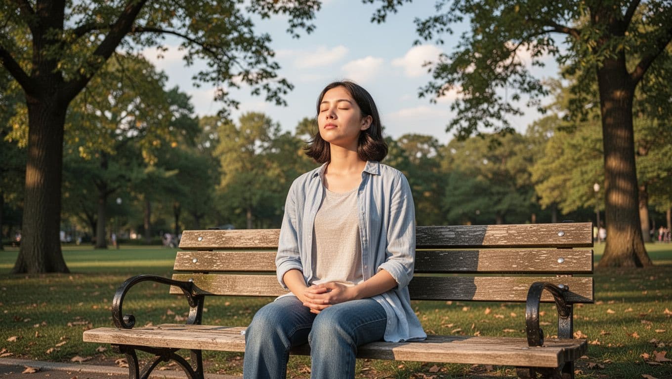 A young adult sits calmly on a bench in a serene park, eyes closed in meditation or deep breath, surrounded by trees and a soft sky under gentle afternoon light.