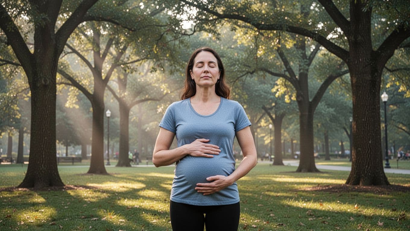 Adult stands in peaceful park with trees, hands on belly, eyes closed serenely, morning sunlight through leaves.