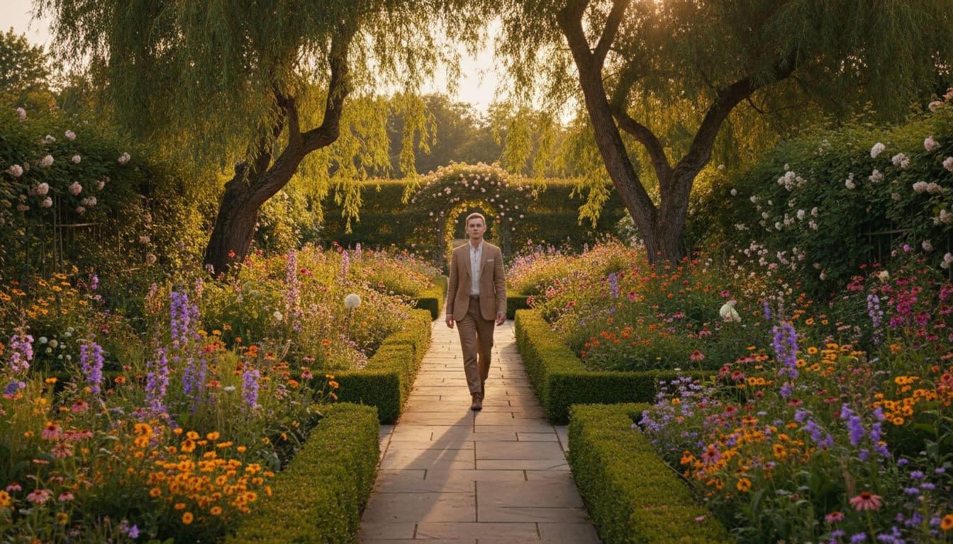 Person walks calmly along stone path amid curving vines, wildflowers, and sunlight through trees.