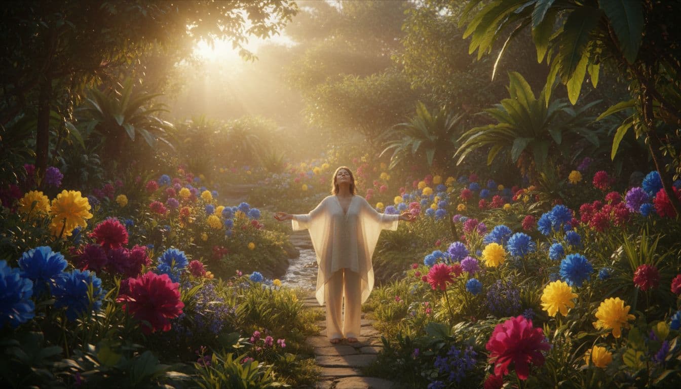 A single person stands calmly in a lush blooming garden with arms gently outstretched as vibrant flowers open around them under warm morning sunlight, symbolizing personal healing, clarity, and inner growth.
