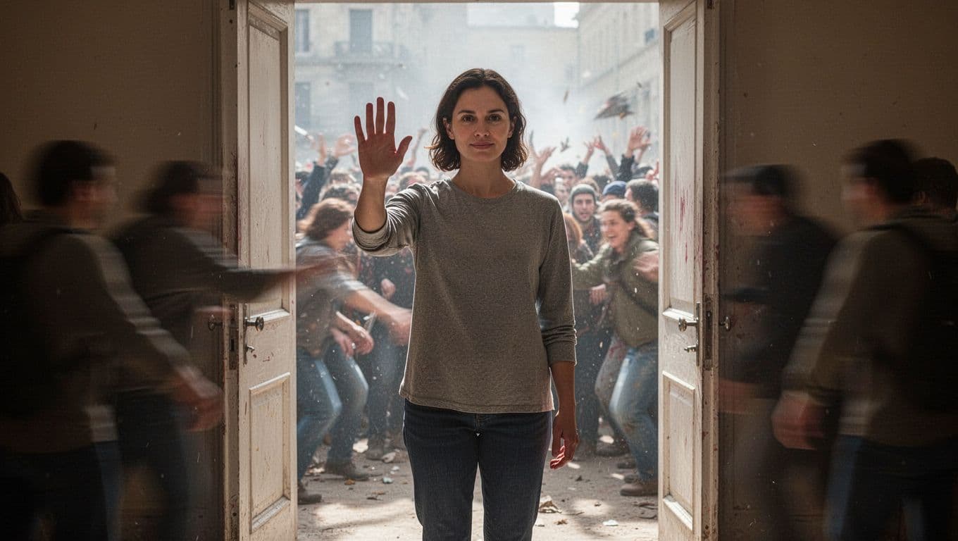 A calm person stands at an open door with one hand raised in a peaceful stopping gesture toward a blurred chaotic background crowd. Serene face under soft indoor light contrasts the outer noise, full body realistic composition.