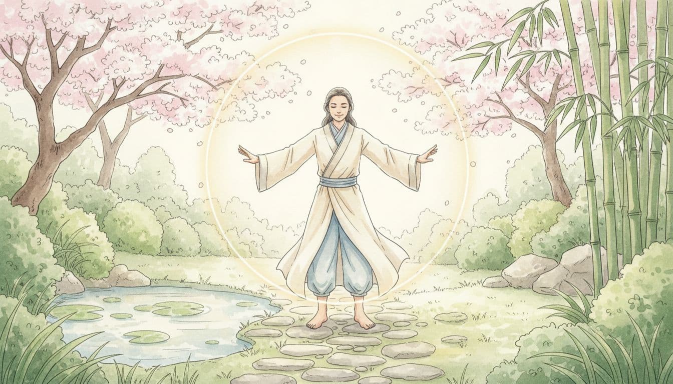 A serene person in flowing clothes stands in a tranquil garden, extending hands to create a gentle glowing boundary shield of light that protects their space, with a calm and confident expression under soft sunlight in a peaceful illustrative style.