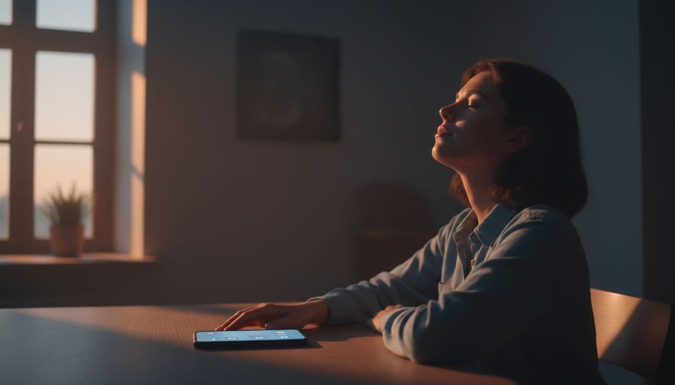 A person sits calmly at a desk with a relaxed posture, ignoring smartphone notifications in dim evening light filtering through a window, focusing on a serene face.