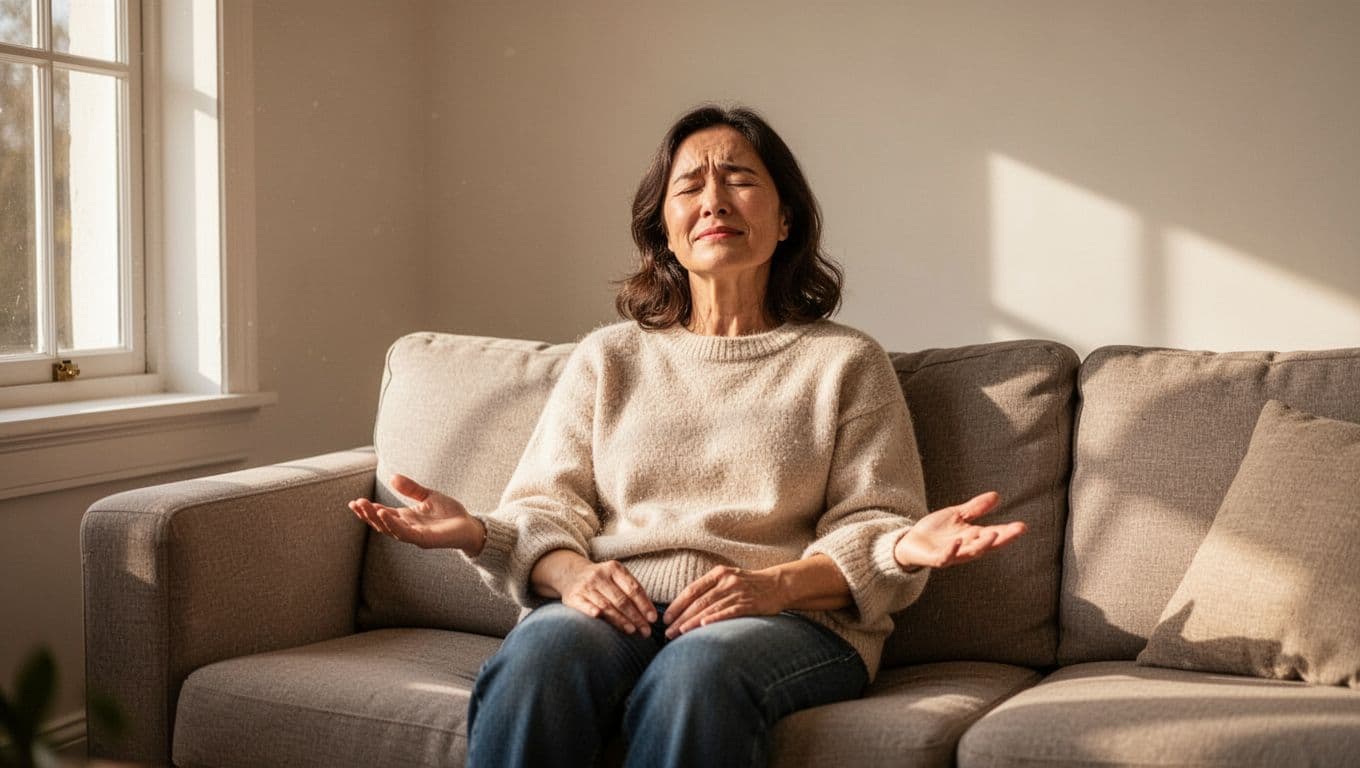 A single person sits relaxed on a couch in a cozy room with soft natural light, hands loosely on lap, face showing subtle relief like a weight lifted.