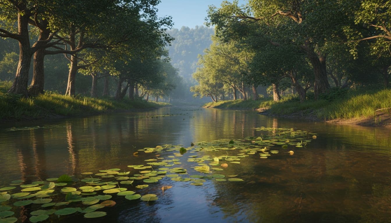 Serene river with green leaves gently floating downstream on calm water, blue sky above, soft sunlight filtering through overhanging trees along the bank, peaceful natural landscape.