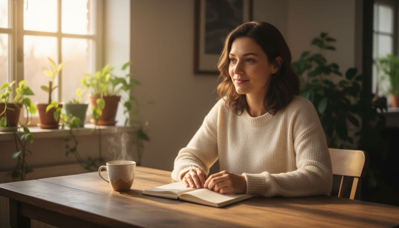 A single person sits calmly at a wooden desk in a sunlit room with plants, journaling in an open notebook beside a steaming cup of herbal tea, with a relaxed thoughtful expression.