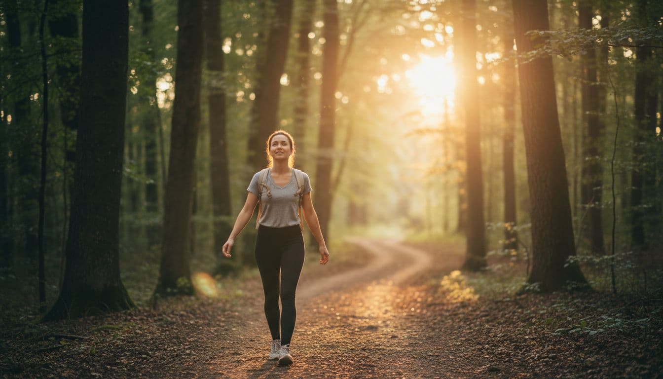 One person walking alone on a winding forest path during golden hour sunlight, with a confident serene expression, light backpack, and natural hand swing, in realistic photography style with warm soft lighting.