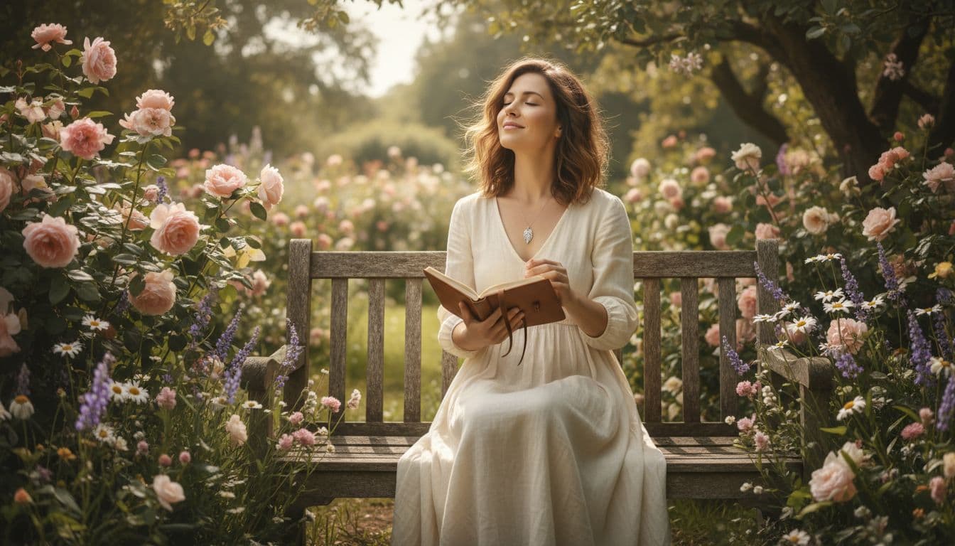 Woman seated on garden bench amid blooming flowers holds open journal with relaxed hands.