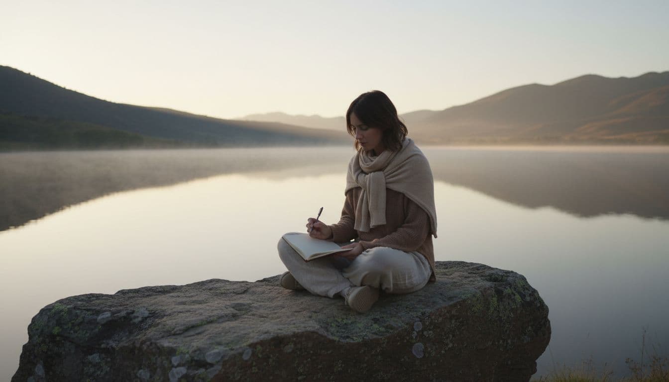 A single woman sits cross-legged on a large rock beside a calm lake at sunrise, holding an open journal on her lap with relaxed hands in a serene natural landscape bathed in soft golden light reflecting on the water.