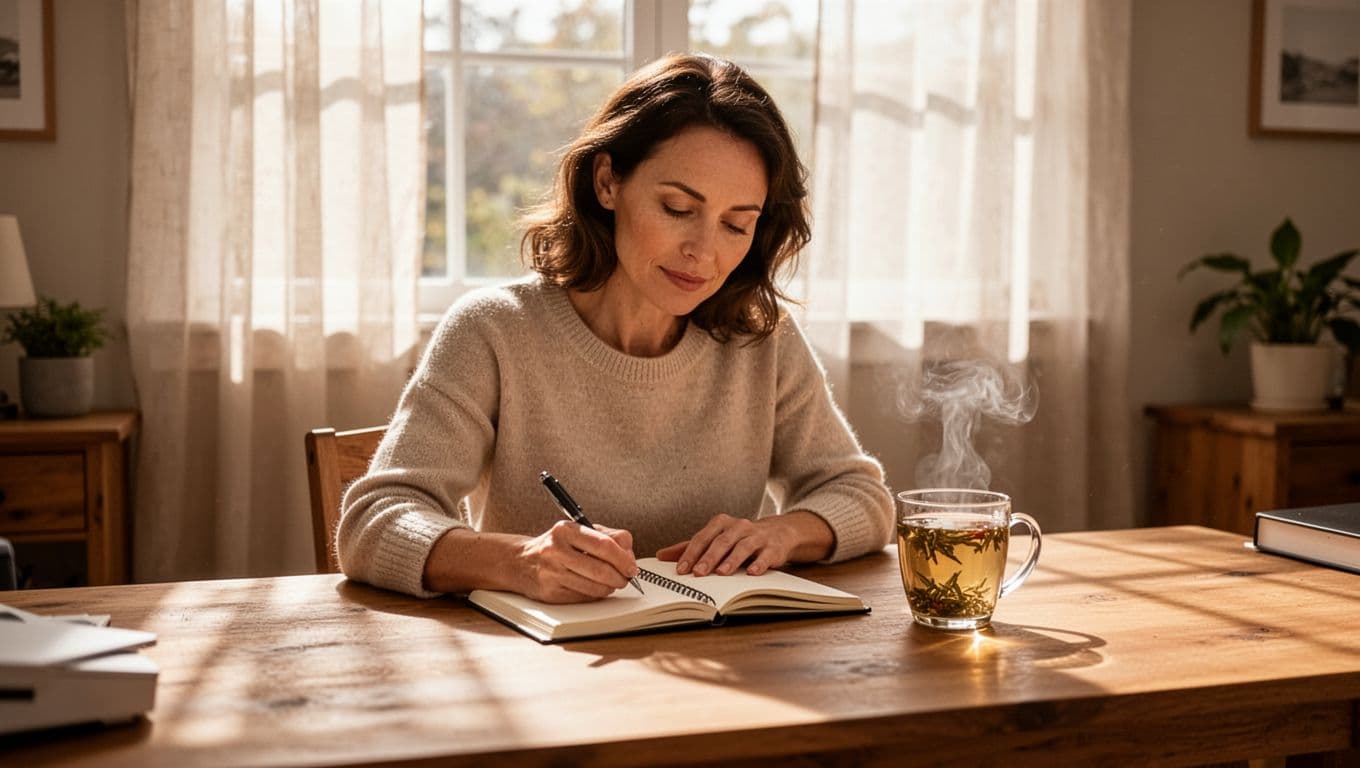 A calm woman in her 30s sits at a sunlit wooden desk in a peaceful home office, writing thoughtfully in an open journal with a steaming mug of herbal tea beside it. Soft natural daylight filters through sheer curtains, creating a serene and introspective atmosphere.
