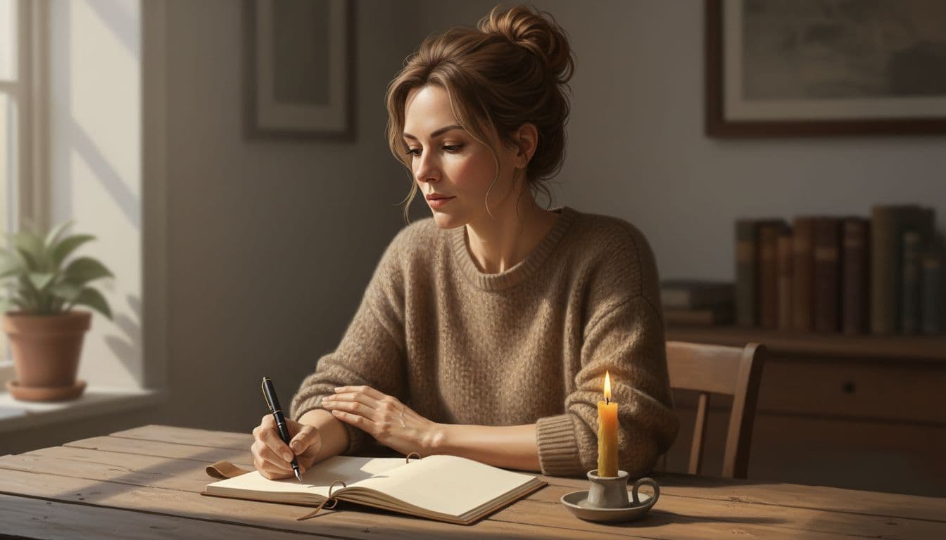 A serene woman in her 30s sits alone at a wooden desk in a softly lit room, journaling introspectively in an open notebook with pen in hand and a flickering candle nearby, capturing a moment of calm self-reflection and boundary setting.