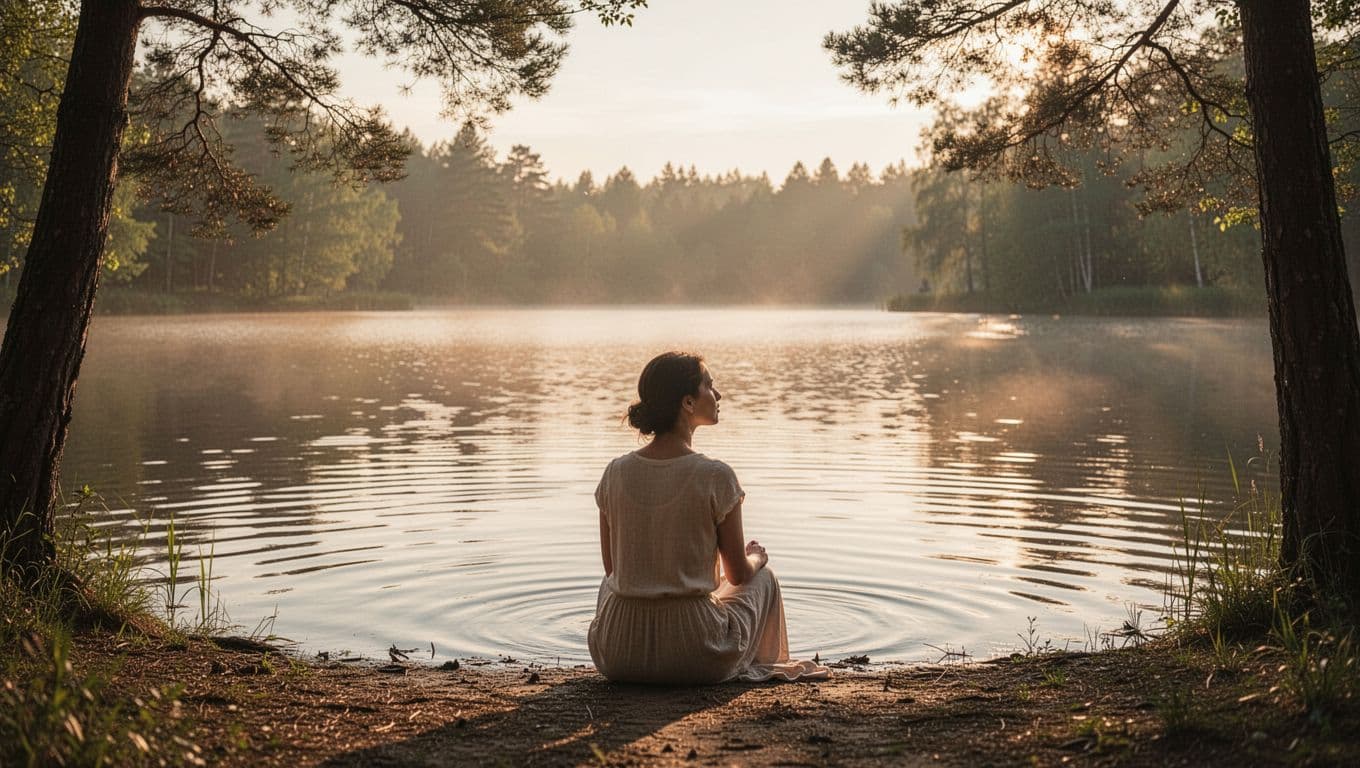 Woman sits by calm lake at dawn, gazing at rippling water with peaceful expression as light filters through trees.