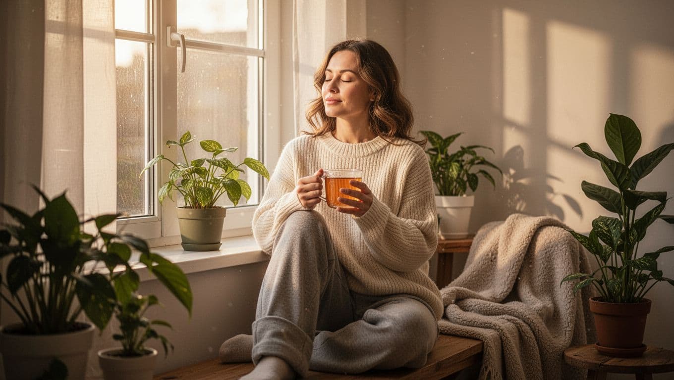 Woman in comfortable clothes sits by sunlit window holding tea mug, eyes closed relaxed.