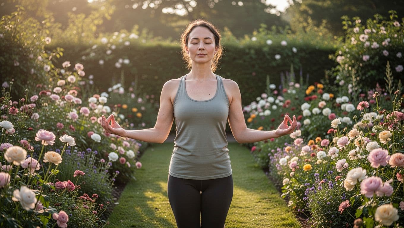 Serene person practicing yoga in a sunlit garden with eyes closed and peaceful expression, surrounded by blooming flowers symbolizing growth and healing, in warm morning light.